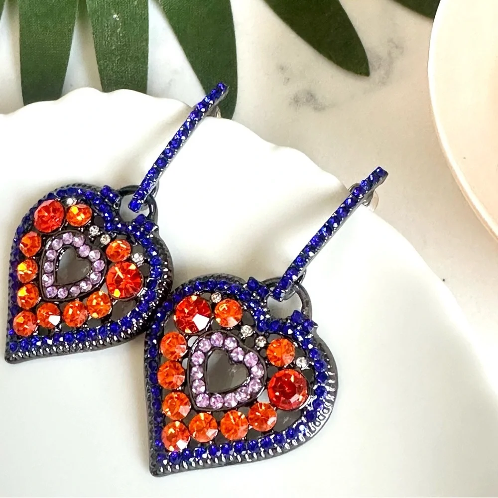 2/$30🌵 Rhinestone Heart Earrings Blue Orange Pink Sparkle Jewelry Gift Boho NEW